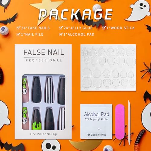 Halloween Press on Nails False Nails Long Square Black White Stripes French Tips with Ghost Pink Cute Acrylic Nails Manicure Full Cover Glue on Nails Designs for Women and Girls 24 PCS - Image 6