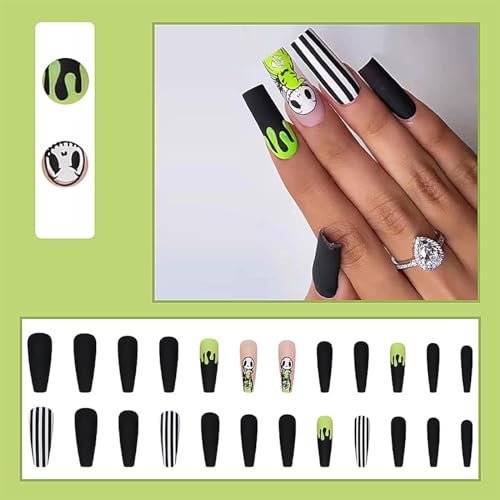 Halloween Press on Nails False Nails Long Square Black White Stripes French Tips with Ghost Pink Cute Acrylic Nails Manicure Full Cover Glue on Nails Designs for Women and Girls 24 PCS - Image 4