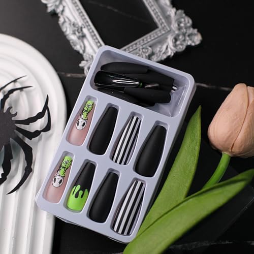 Halloween Press on Nails False Nails Long Square Black White Stripes French Tips with Ghost Pink Cute Acrylic Nails Manicure Full Cover Glue on Nails Designs for Women and Girls 24 PCS - Image 5