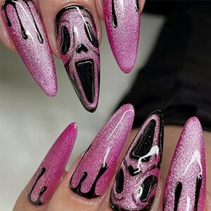 Purple Skull Glitter Halloween Almond Press-On Nails Kit for Women, Full Cover Acrylic