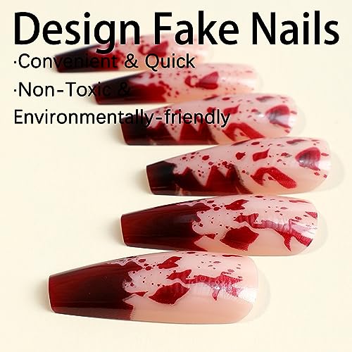 Halloween Press on Nails Long Coffin Fake Nails Blood Pattern False Nails Horror Holiday Acrylic Nails Glossy Glue on Nails Stick on Nails for Women Girls Halloween Nail Decorations 24Pcs - Image 4