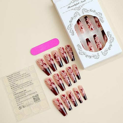 Halloween Press on Nails Long Coffin Fake Nails Blood Pattern False Nails Horror Holiday Acrylic Nails Glossy Glue on Nails Stick on Nails for Women Girls Halloween Nail Decorations 24Pcs - Image 5