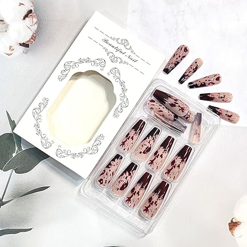 Halloween Press on Nails Long Coffin Fake Nails Blood Pattern False Nails Horror Holiday Acrylic Nails Glossy Glue on Nails Stick on Nails for Women Girls Halloween Nail Decorations 24Pcs - Image 7