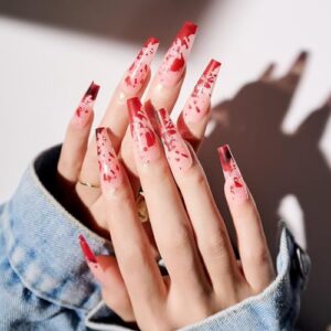 Halloween Press on Nails Long Coffin Fake Nails Blood Pattern False Nails Horror Holiday Acrylic Nails Glossy Glue on Nails Stick on Nails for Women Girls Halloween Nail Decorations 24Pcs