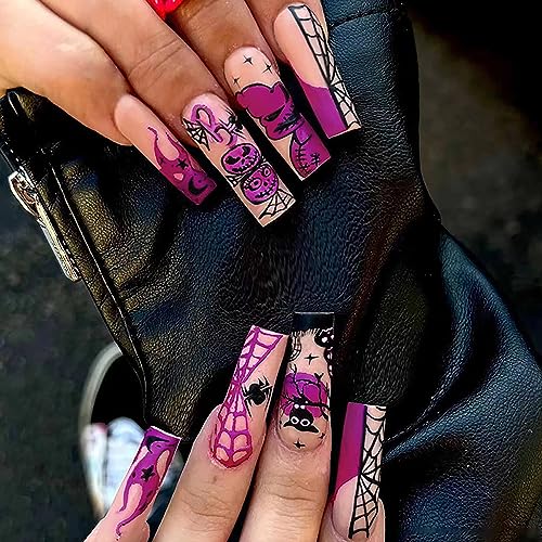 Halloween Press on Nails Long Coffin Fake Nails Full Cover False Nails with Scary Ghost Designs Spider Web Acrylic Nails Matte Stick on Nails Halloween Artificial Nails for Women and Girls 24Pcs
