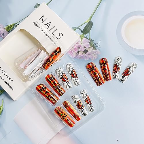 Halloween Press on Nails Long Coffin Fake Nails Glossy Acrylic Nails Glue on Nails with Designs Halloween False Nails Evil Pumpkin Ghost Spider Full Cover Stick on Nails for Women DIY Nail Art 24Pcs - Image 4