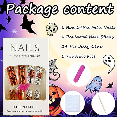 Halloween Press on Nails Long Coffin Fake Nails Glossy Acrylic Nails Glue on Nails with Designs Halloween False Nails Evil Pumpkin Ghost Spider Full Cover Stick on Nails for Women DIY Nail Art 24Pcs - Image 6