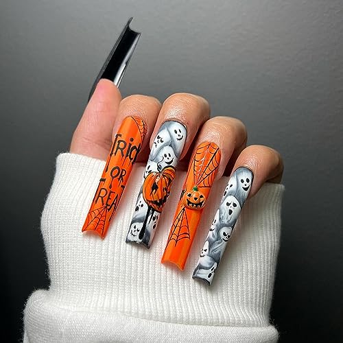 Halloween Press on Nails Long Coffin Fake Nails Glossy Acrylic Nails Glue on Nails with Designs Halloween False Nails Evil Pumpkin Ghost Spider Full Cover Stick on Nails for Women DIY Nail Art 24Pcs