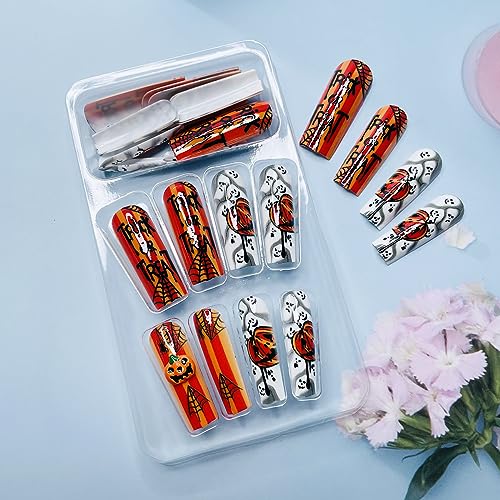Halloween Press on Nails Long Coffin Fake Nails Glossy Acrylic Nails Glue on Nails with Designs Halloween False Nails Evil Pumpkin Ghost Spider Full Cover Stick on Nails for Women DIY Nail Art 24Pcs - Image 5