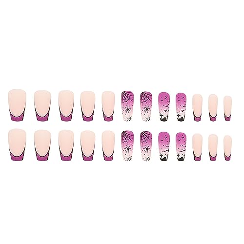 Halloween Press on Nails Long Coffin French Tip Purple Spider Web Design 24 Pcs - Image 4