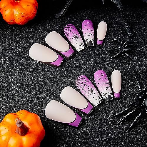 Halloween Press on Nails Long Coffin French Tip Purple Spider Web Design 24 Pcs - Image 3