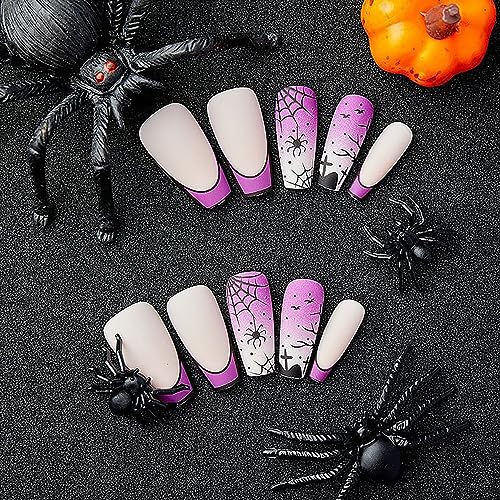 Halloween Press on Nails Long Coffin French Tip Purple Spider Web Design 24 Pcs - Image 2