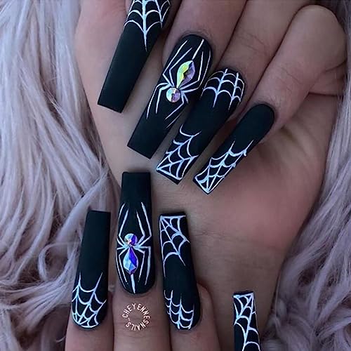 Halloween Press on Nails Long Coffin MABKJLF Fake Nails Full Cover White Spider Web Black False Nails with Spider Designs Matte Glue on Nails Artificial Acrylic Nails for Women Girls 24Pcs