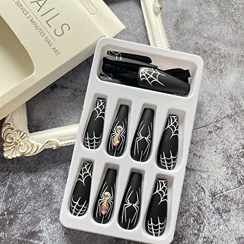 Halloween Press on Nails Long Coffin White Spider Web Fake Nails with Rhinestones Stick on Nail Black Full Cover Acrylic Nails False Nails for Women Girls 24Pcs - Image 4