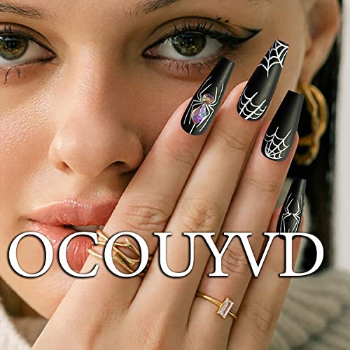 Halloween Press on Nails Long Coffin White Spider Web Fake Nails with Rhinestones Stick on Nail Black Full Cover Acrylic Nails False Nails for Women Girls 24Pcs - Image 7