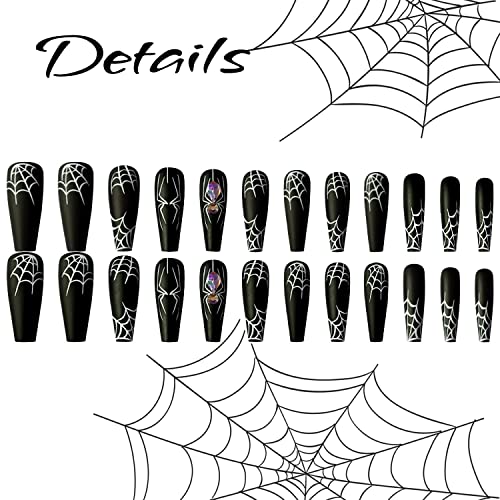 Halloween Press on Nails Long Coffin White Spider Web Fake Nails with Rhinestones Stick on Nail Black Full Cover Acrylic Nails False Nails for Women Girls 24Pcs - Image 3
