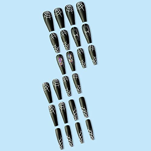 Halloween Press on Nails Long Coffin White Spider Web Fake Nails with Rhinestones Stick on Nail Black Full Cover Acrylic Nails False Nails for Women Girls 24Pcs - Image 6