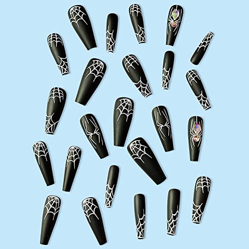 Halloween Press on Nails Long Coffin White Spider Web Fake Nails with Rhinestones Stick on Nail Black Full Cover Acrylic Nails False Nails for Women Girls 24Pcs - Image 5
