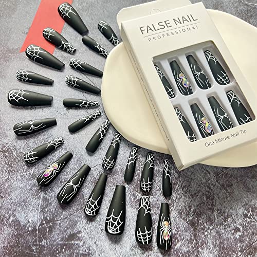 Halloween Press on Nails Long Coffin White Spider Web Fake Nails with Rhinestones Stick on Nail Black Full Cover Acrylic Nails False Nails for Women Girls 24Pcs - Image 2