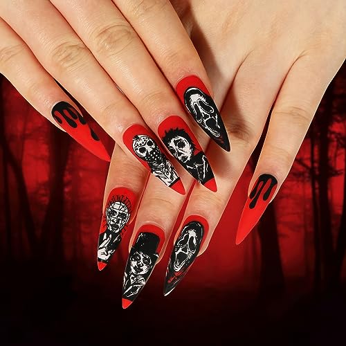 Halloween Press on Nails Long Stiletto Fake Nails Full Cover Red Glossy Stick on Nails Gothic Acrylic Nails with Clown & Skull Designs False Nails for Women