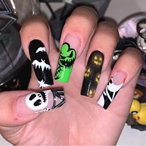 Halloween Press on Nails Medium Length Fake Nails Coffin Press on Nails with Ghost Face Bat Desgin Glossy Acrylic Ballerina False Nails with Glue Funny Pumpkin Halloween Nails for Women Girls 24PCS