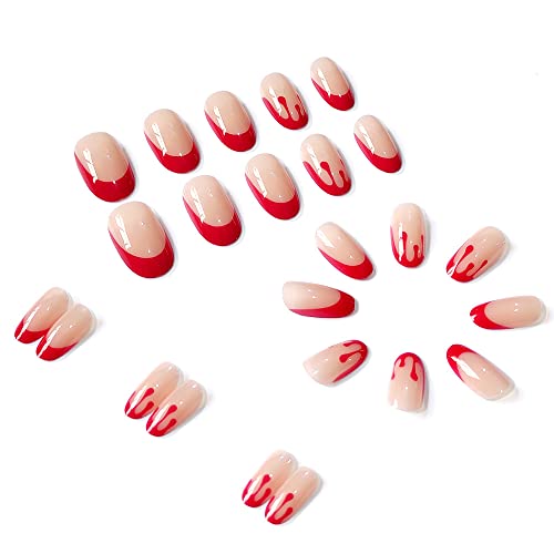 Halloween Press on Nails Medium Length Horror Bloody Fake Nails Red French Tips Nails Coffin Full Cover False Nails with Nail Glues for Women and Girls Halloween Party Nail Decorations 24Pcs - Image 3