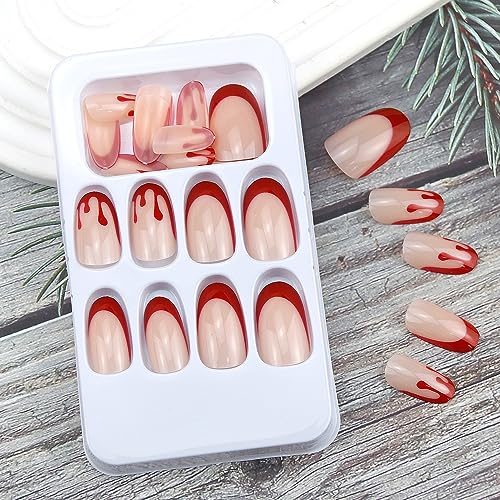 Halloween Press on Nails Medium Length Horror Bloody Fake Nails Red French Tips Nails Coffin Full Cover False Nails with Nail Glues for Women and Girls Halloween Party Nail Decorations 24Pcs - Image 4