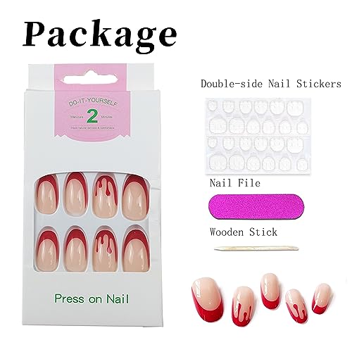 Halloween Press on Nails Medium Length Horror Bloody Fake Nails Red French Tips Nails Coffin Full Cover False Nails with Nail Glues for Women and Girls Halloween Party Nail Decorations 24Pcs - Image 2
