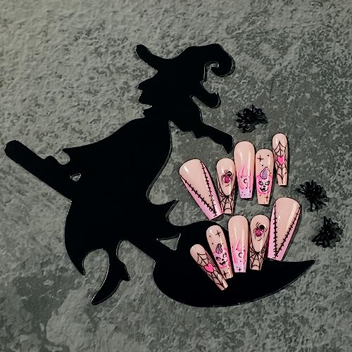 Halloween Press on Nails Pink 24 Count with Purple Rhinestone Spider Web Pumpkin Designs - Image 4