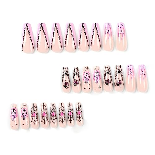 Halloween Press on Nails Pink 24 Count with Purple Rhinestone Spider Web Pumpkin Designs - Image 3