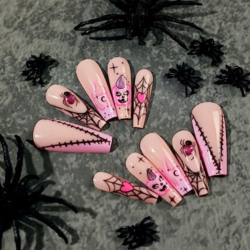 Halloween Press on Nails Pink 24 Count with Purple Rhinestone Spider Web Pumpkin Designs - Image 2