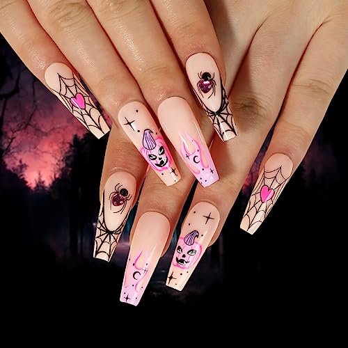 Halloween Press on Nails Pink 24 Count with Purple Rhinestone Spider Web Pumpkin Designs