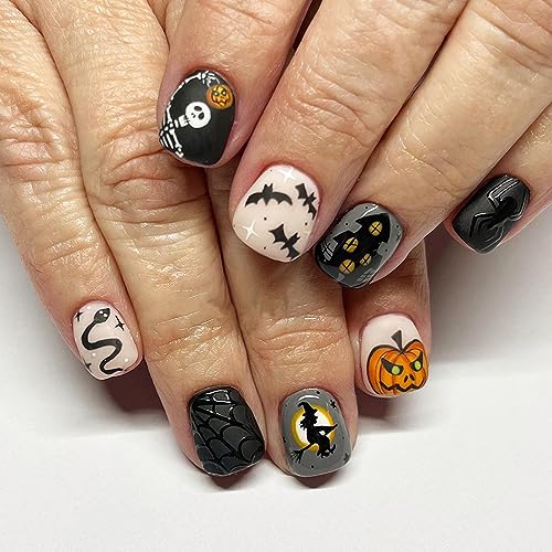 24Pcs Short Acrylic Halloween Press On Nails - Skull Snake Pumpkin Witch Designs