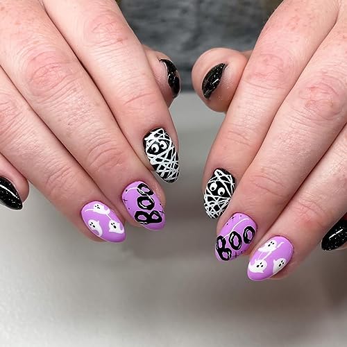 Halloween Press on Nails Short Almond Fake Nails Purple Full Cover Ghost False Nails with Designs Black Mummy Glossy Glue on Nails Stick on Nails Cute Acrylic Artificial Nails for Women Girls 24 Pcs