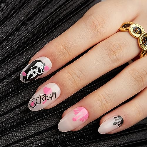 Halloween Press on Nails Short Almond Pink False Nails, Gel Acrylic Fake Nails with Glue, Salon Effect Natural Fit Reusable Glue on Nails Set 14Size 28Pcs, Halloween Design - Image 3