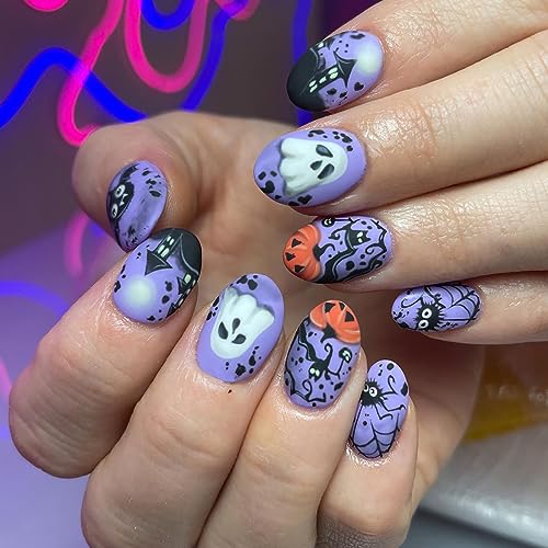 24 Pcs Short Almond Purple Halloween Press on Nails with Ghost Pumpkin Design