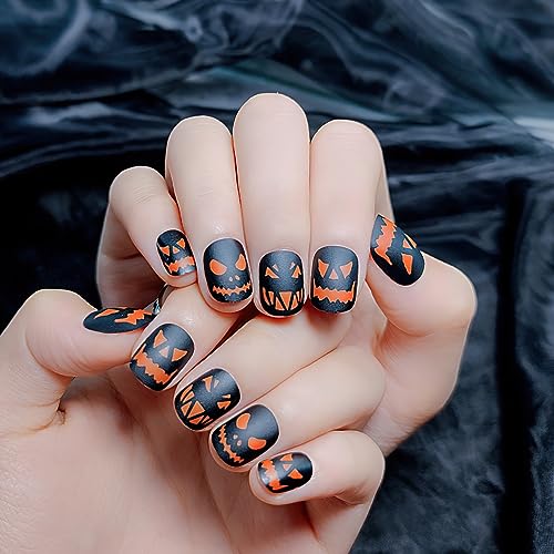Halloween Short Square Black Matte Press On Nails with Orange Pumpkin Design 24pc Set - Image 3