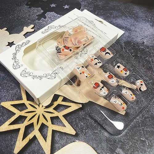 Halloween Press on Nails Short Square Fake Nails Cute Pumpkin Spider Star Moon Full Cover Stick on Nails Halloween Ghost False Nails Nude Pink Acrylic Nails Glossy Static Nails for Women DIY 24Pcs - Image 5