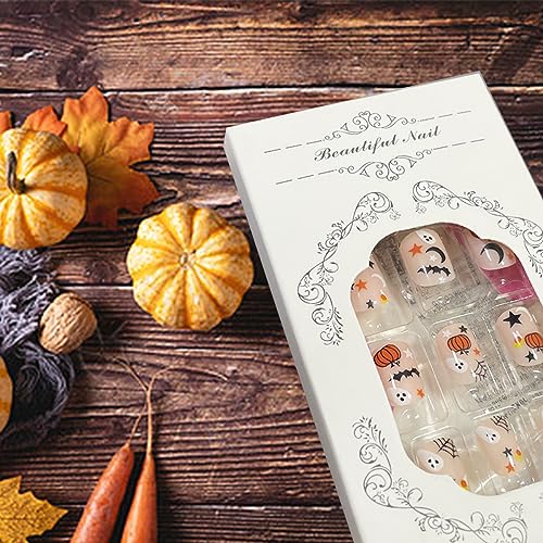 Halloween Press on Nails Short Square Fake Nails Cute Pumpkin Spider Star Moon Full Cover Stick on Nails Halloween Ghost False Nails Nude Pink Acrylic Nails Glossy Static Nails for Women DIY 24Pcs - Image 7