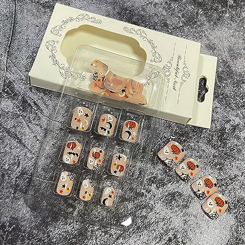 Halloween Press on Nails Short Square Fake Nails Cute Pumpkin Spider Star Moon Full Cover Stick on Nails Halloween Ghost False Nails Nude Pink Acrylic Nails Glossy Static Nails for Women DIY 24Pcs - Image 6