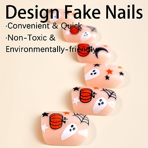 Halloween Press on Nails Short Square Fake Nails Cute Pumpkin Spider Star Moon Full Cover Stick on Nails Halloween Ghost False Nails Nude Pink Acrylic Nails Glossy Static Nails for Women DIY 24Pcs - Image 3