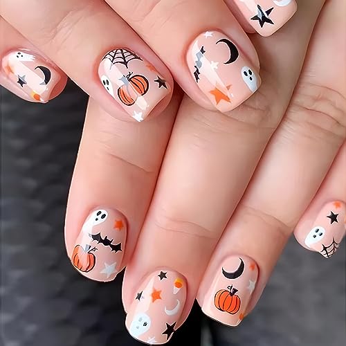 Halloween Press on Nails Short Square Fake Nails Full Cover False Nails with Pumpkin Moon Star Skull Designs Cute Halloween Acrylic Nails Glossy Short Glue on Nails for Women Girls Halloween Nail Art