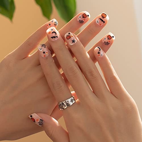 Short Square Halloween Press On Nails with Pumpkin Moon Star Ghost Design for Women - Image 7