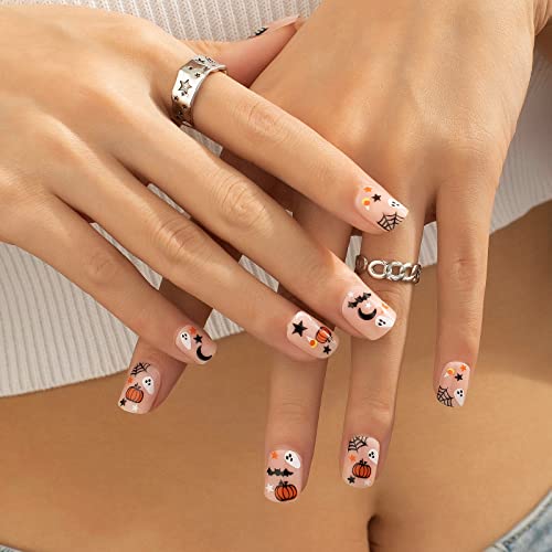 Short Square Halloween Press On Nails with Pumpkin Moon Star Ghost Design for Women - Image 6