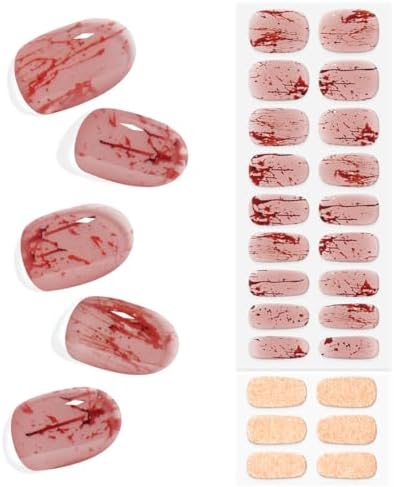 Halloween Semi Cured Gel Nail Stickers 24pcs Long Lasting Nail Wraps Salon-Quality Semi-Cured Gel Nail Strips UV Lamp Required Semicured Gel Nail Wraps for Women Manicure (Horror Blood 344)