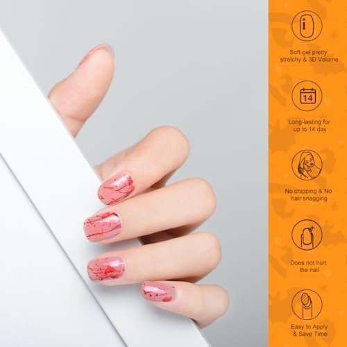 Halloween Semi Cured Gel Nail Stickers 24pcs Long Lasting Nail Wraps Salon-Quality Semi-Cured Gel Nail Strips UV Lamp Required Semicured Gel Nail Wraps for Women Manicure (Horror Blood 344) - Image 3