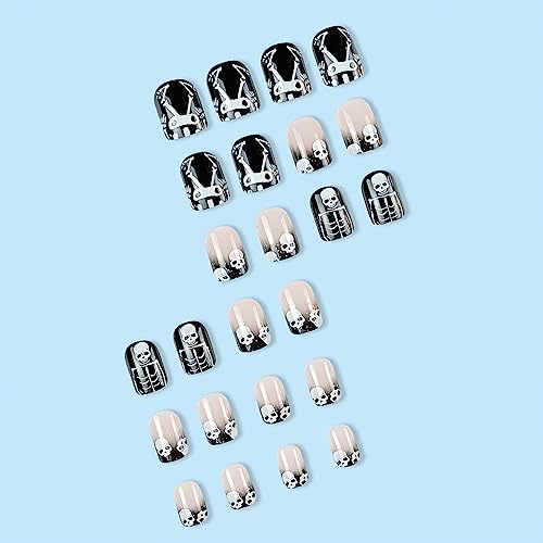 Halloween Short Fake Nails Square Press on Nails Pink Artificial with Black Tips Mysterious Skull Stick on Nails Pattern Quirky Design French Acrylic Holiday Nails Full Cover for Women and Girls 24Pcs - Image 3