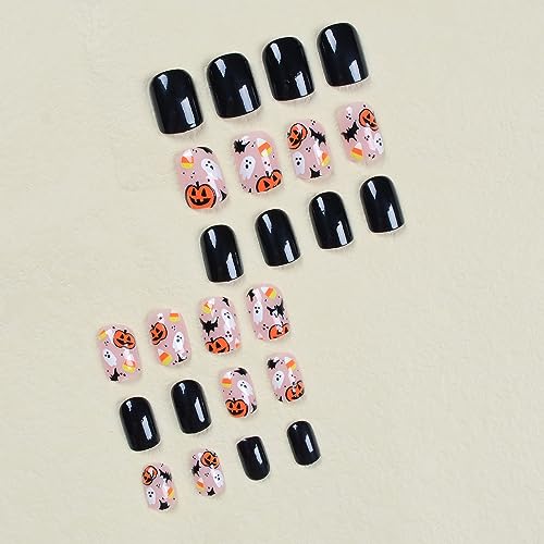 Halloween Short Press on Nails Pumpkin Bat Fake Nails Black Oval Stick on Nails Glossy Nail Design Kit Acrylic Nails Full Cover Reusable Glue on Nails 24Pcs for Women - Image 4