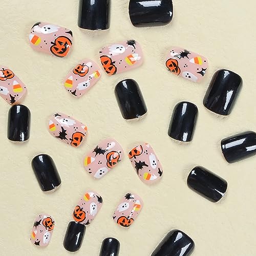 Halloween Short Press on Nails Pumpkin Bat Fake Nails Black Oval Stick on Nails Glossy Nail Design Kit Acrylic Nails Full Cover Reusable Glue on Nails 24Pcs for Women - Image 5