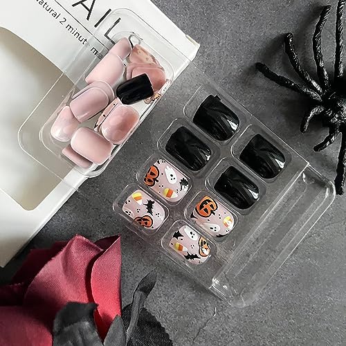 Halloween Short Press on Nails Pumpkin Bat Fake Nails Black Oval Stick on Nails Glossy Nail Design Kit Acrylic Nails Full Cover Reusable Glue on Nails 24Pcs for Women - Image 7
